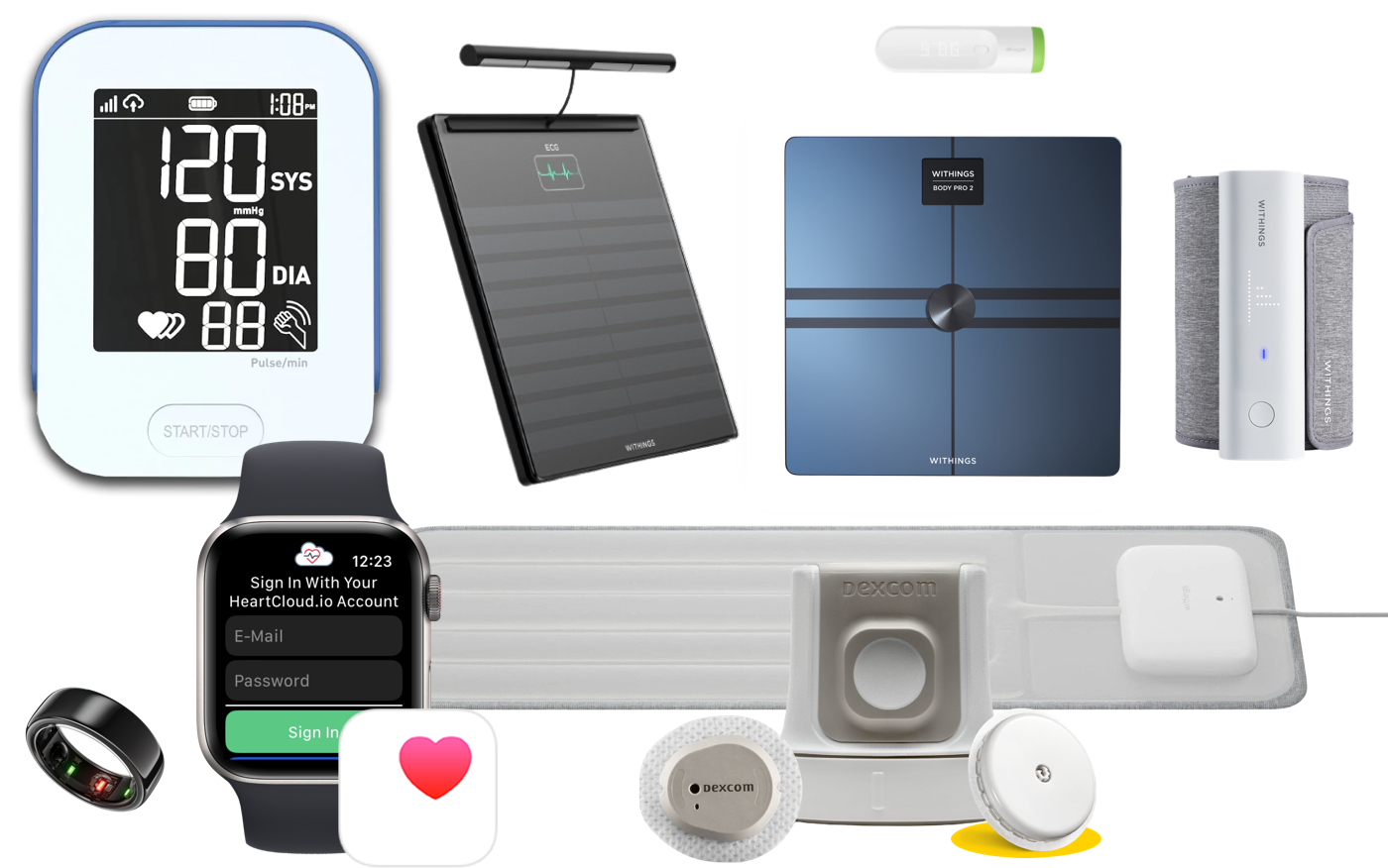 Devices: (1) A Withings Body Pro 2 4G cellular body composition scale; (2) A Withings Body Scan bluetooth and WiFi only body composition scale with a built-in 6-lead electrocardiogram; (3) two Apple Watches, one with tremor monitoring, the other with a stacked bar chart and heart rate chart; (4) a Dexcom G7 sensor and applicator; (5) a FreeStyle Libre 3 sensor; (6) a Withings BPM Connect Pro blood pressure cuff; (7) a PY-802-LTE 4G cellular blood pressure cuff;
